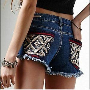 PS Erin Wasson Boho Tribal Pocket High Waist Frayed Hem Denim Shorts Size 27